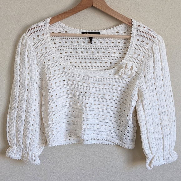 Maje Croquet Pointelle Sweater Women S Cropped Crochet Ruffle Broach Cottagecore - Picture 1 of 13